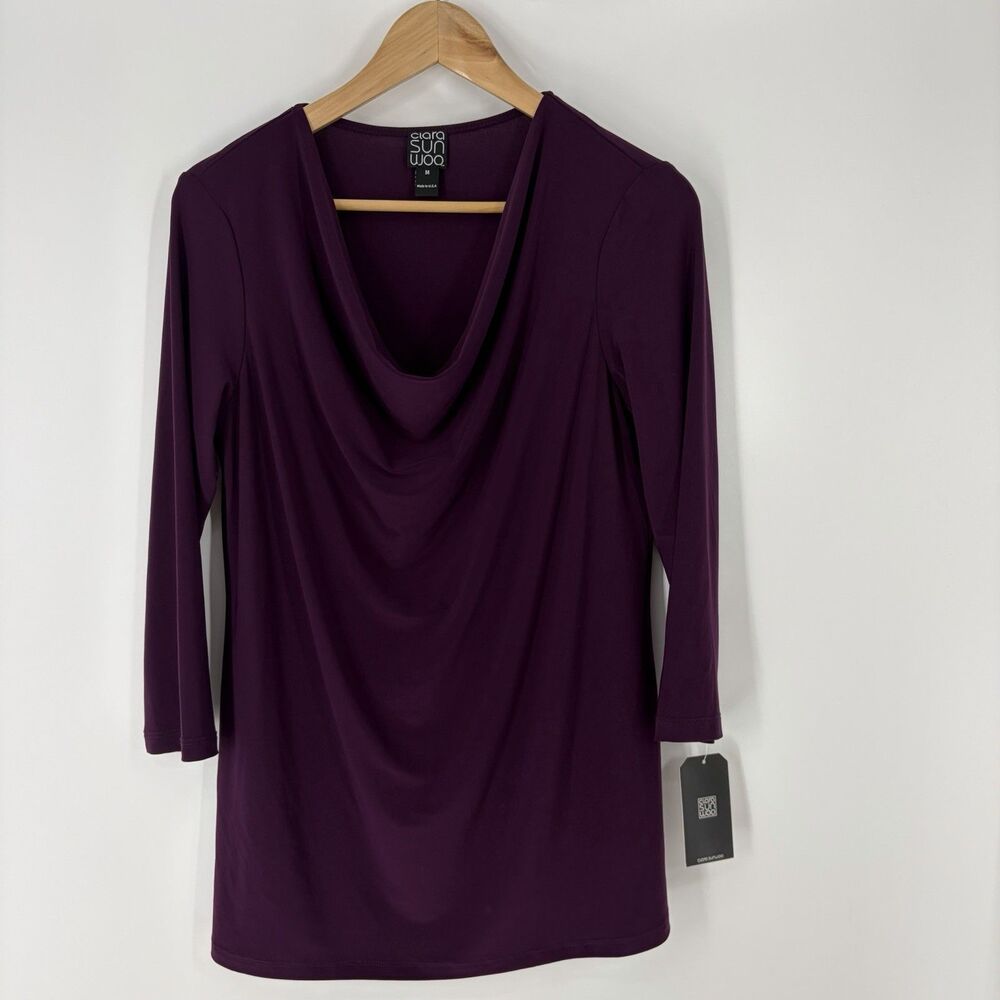 Clara Sun Woo Blouse Size Medium Purple Cowl Drape Neck 3/4 Sleeve Knit Top